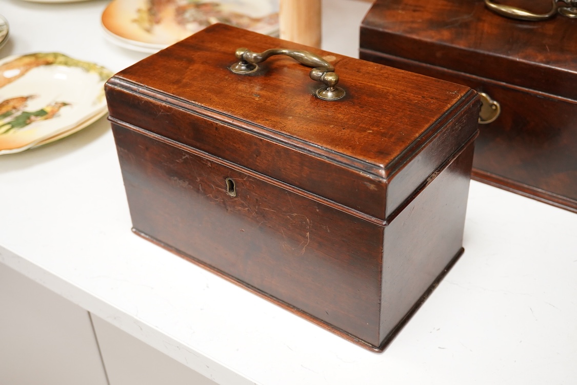 A George III mahogany dome-top tea caddy, together with another, 23cm wide